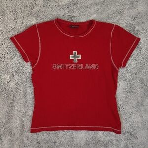 Vintage 90s Y2K Stretchy Red Switzerland Spellout Contrast Baby Tee Medium